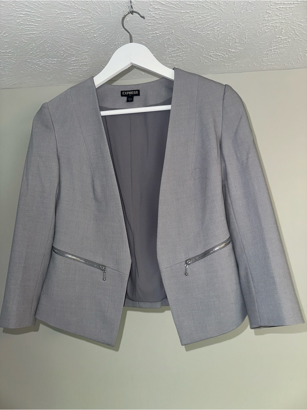 Express Light Gray Open-Front Zip-Pocket Blazer